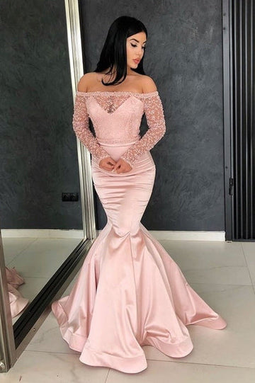GORGEOUS MERMAID OFF-THE-SHOULDER PROM GOWNS LONG SLEEVES LACE EVENING DRESSES HZ1023